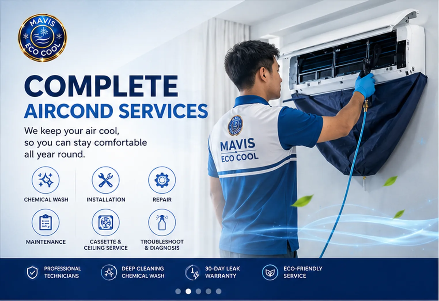 Complete aircond services by Mavis Eco Cool — servicing, chemical wash, repair, installation and gas top-up