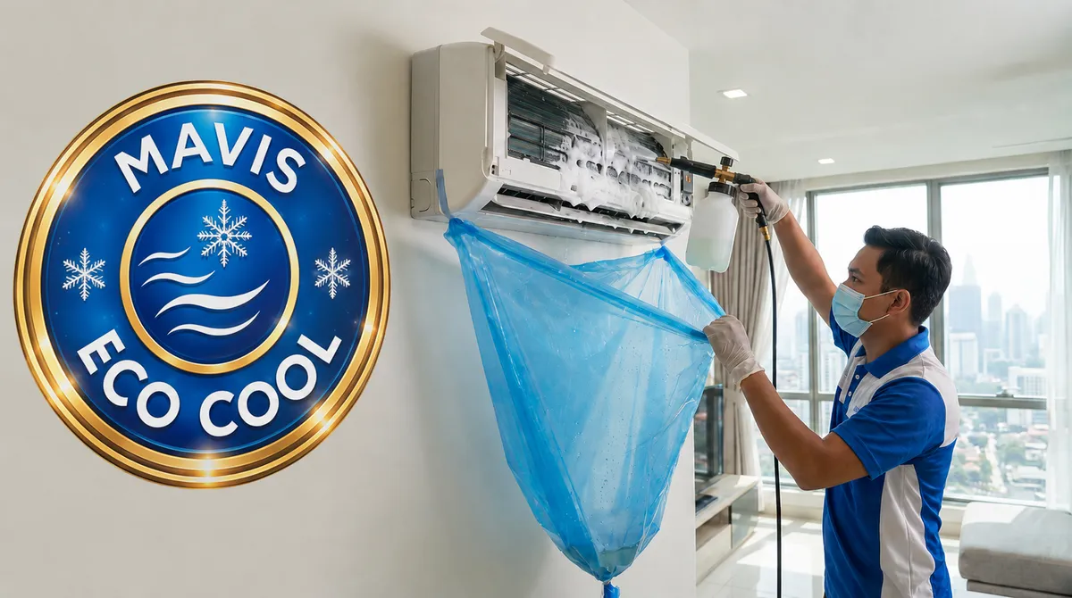 Mavis Eco Cool technician servicing a wall-mounted aircond unit in a KL home