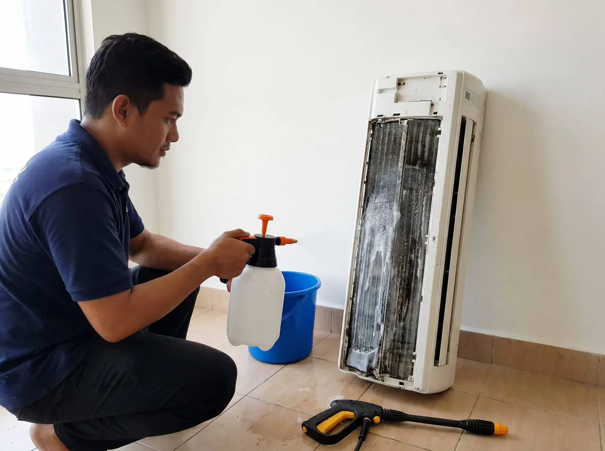 Mavis Eco Cool technician performing an aircond chemical wash in a KL home